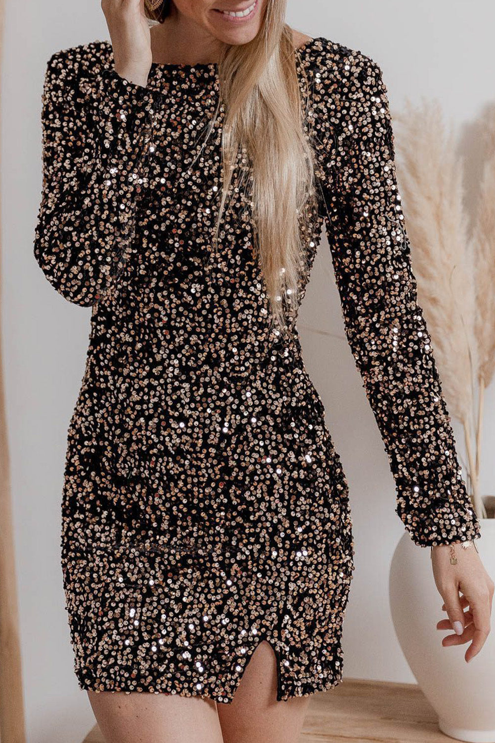 Crew Neck Long Sleeve Dense Sequin Knit Bodycon Mini Dress