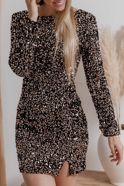 Crew Neck Long Sleeve Dense Sequin Knit Bodycon Mini Dress