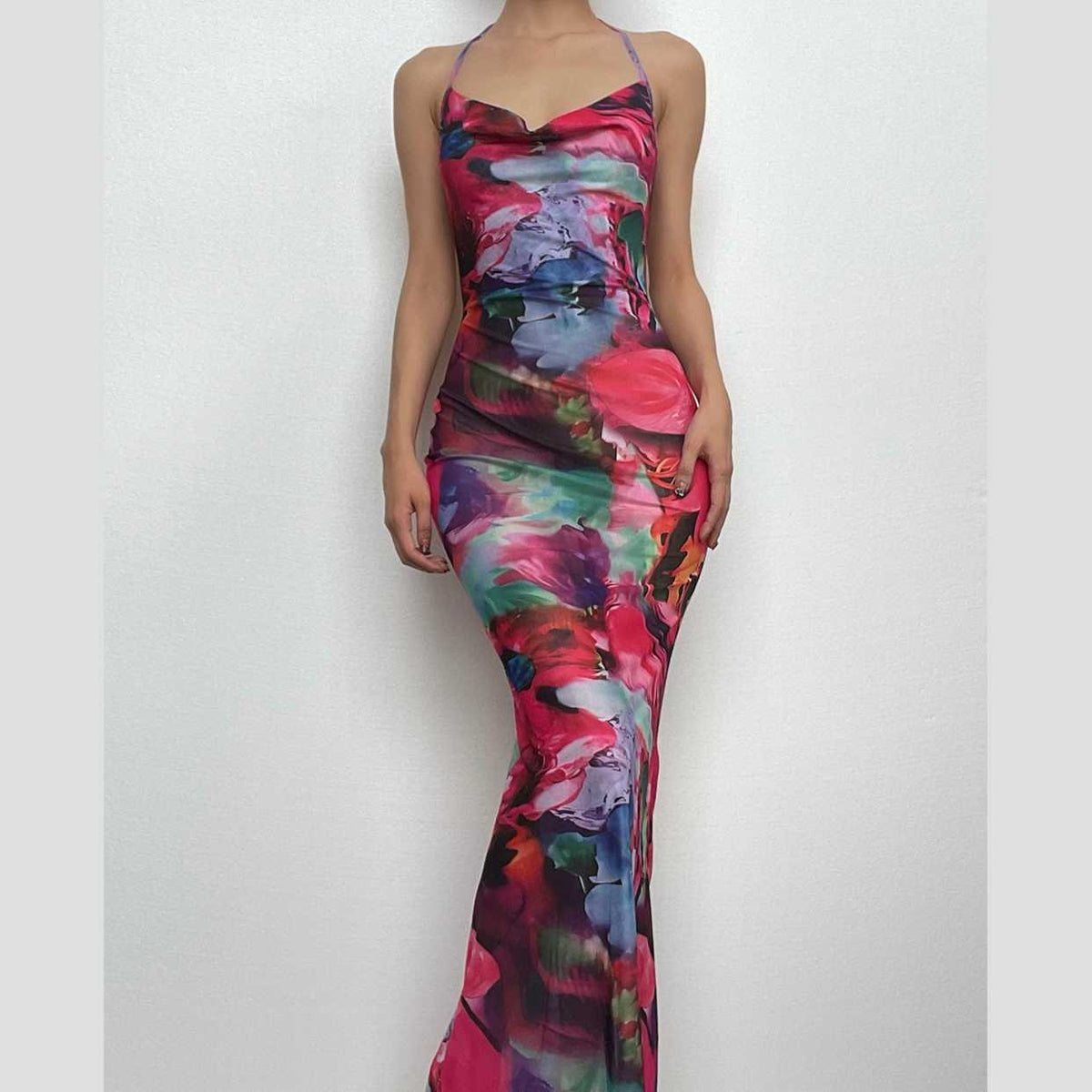 Abstract Floral Print Halter Cowl Neck Bodycon Maxi Dress