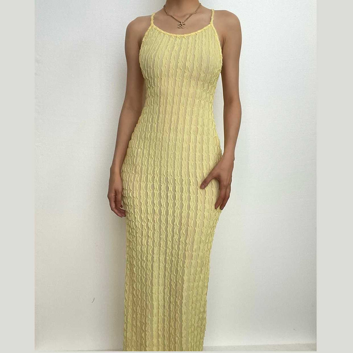 Scoop Neck Cross Back Self Tie Textured Maxi Dress