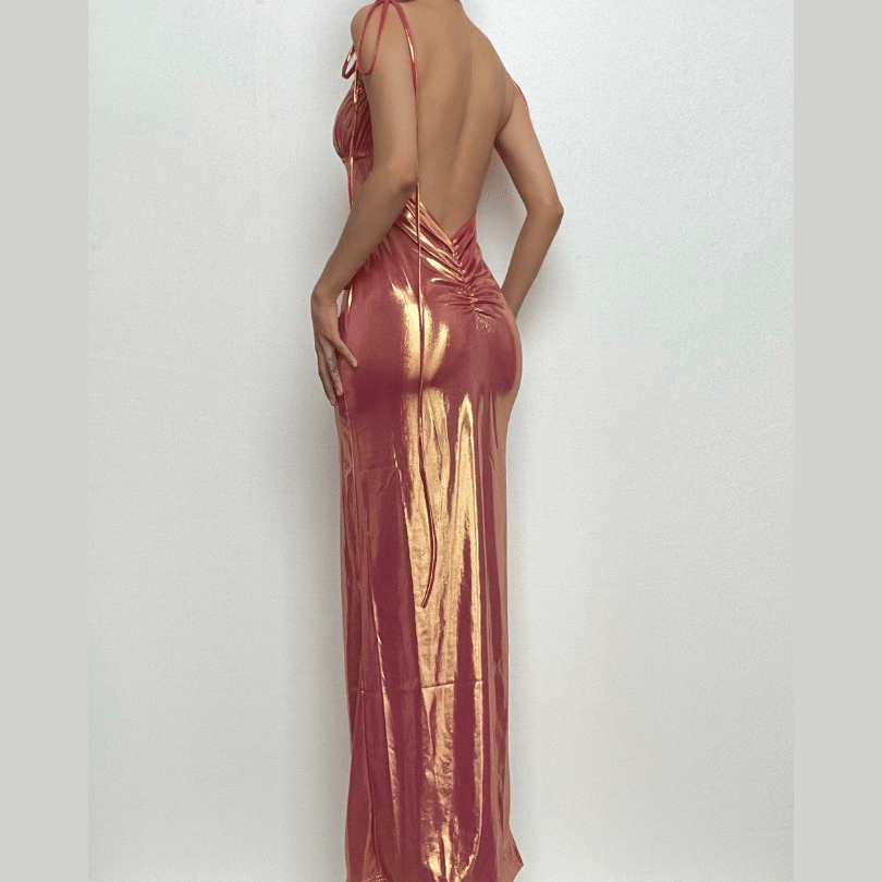 Metallic Tie Shoulder Deep V Back Ruched Bodycon Maxi Dress