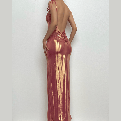 Metallic Tie Shoulder Deep V Back Ruched Bodycon Maxi Dress