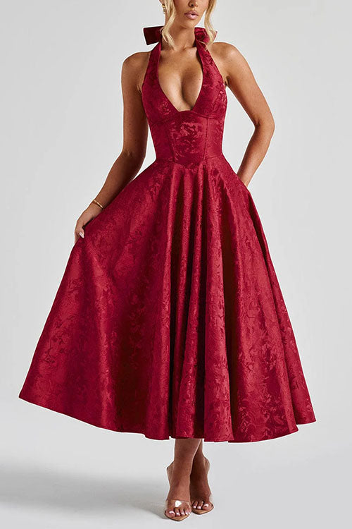 Halter V Neck Waisted Jacquard Swing Midi Party Dress