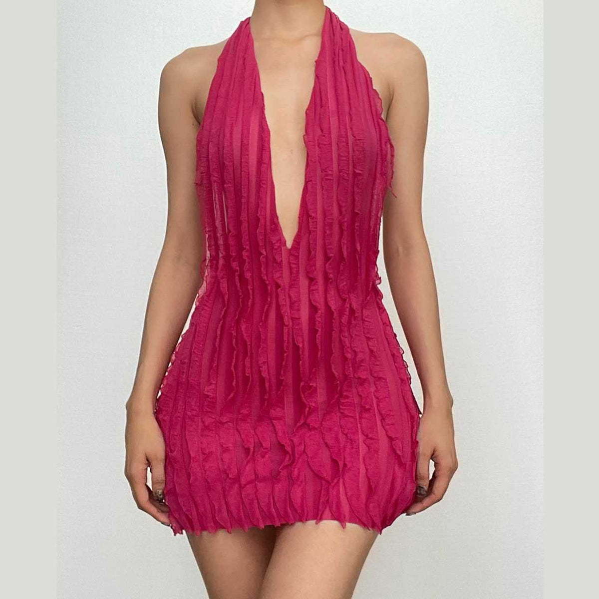 Halter Deep Plunge Vertical Ruffle Fringe Bodycon Mini Dress