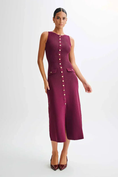 Rib Knit Crew Neck Sleeveless Metal Button Flap Pocket Maxi Dress