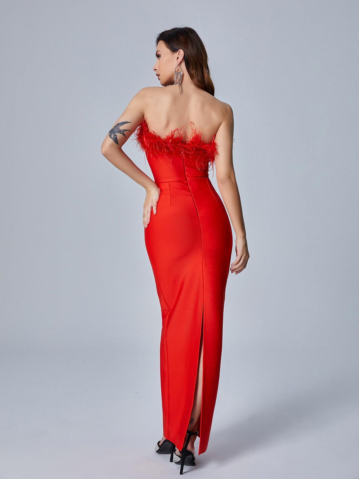 Strapless Feather Trim Column Bandage Maxi Gown