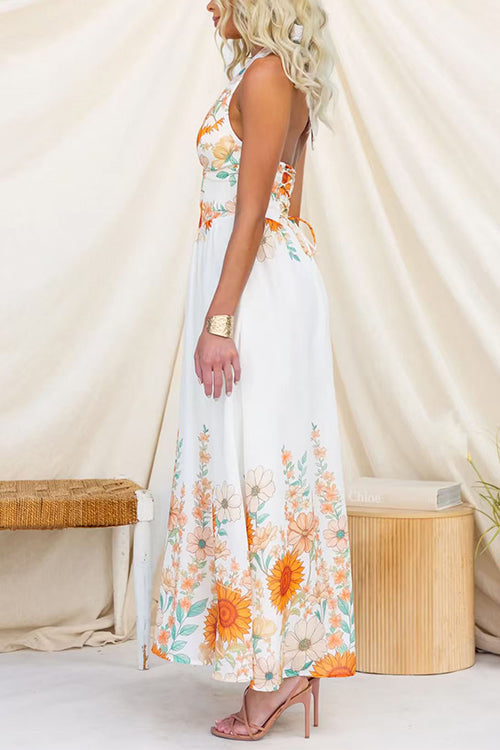 Halter V Neck Lace-up Backless Sunflower Print Maxi Dress
