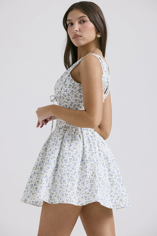 Deep V Corset Bodice Ruffled Opera Glove Ditsy Floral Mini Dress