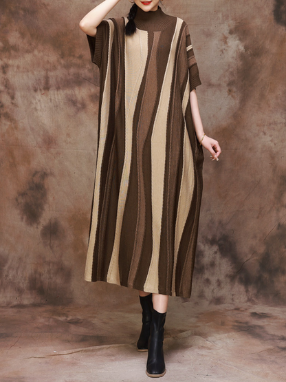 Mock Neck Drop Shoulder Vertical Stripe Oversized Knit Maxi Dress