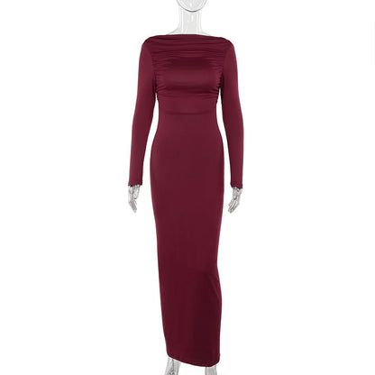 Long Sleeve Deep Open Back Ruched Column Maxi Gown