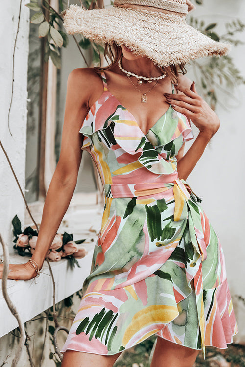 Deep V Floral Print Tiered Mini Dress