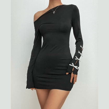 One Shoulder Bow Tie Slit Sleeve Long Sleeve Hollow Out Mini Dress