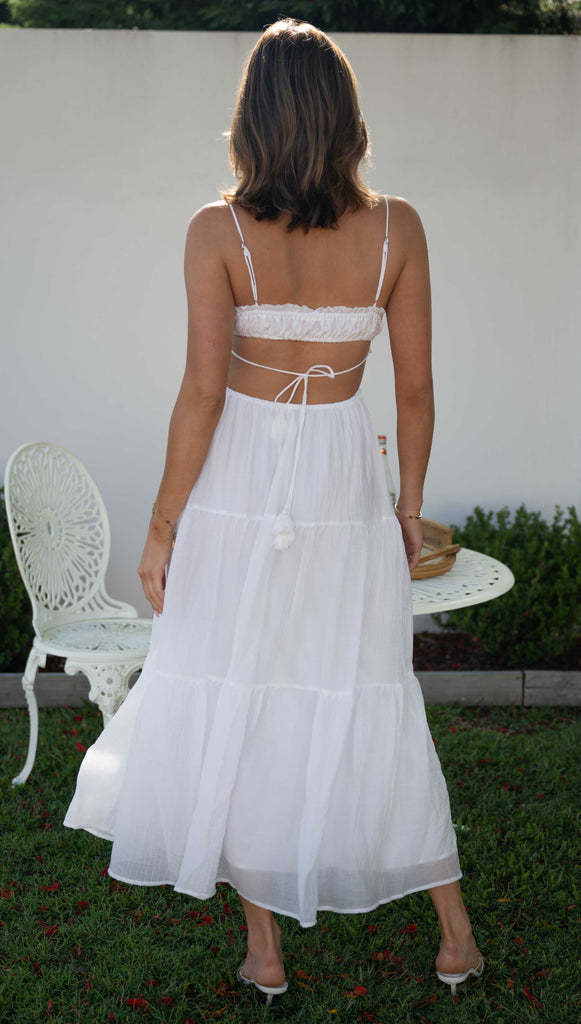 Spaghetti Strap Smocked Tie Tassel Side Cutout Tiered Crinkle Maxi Dress