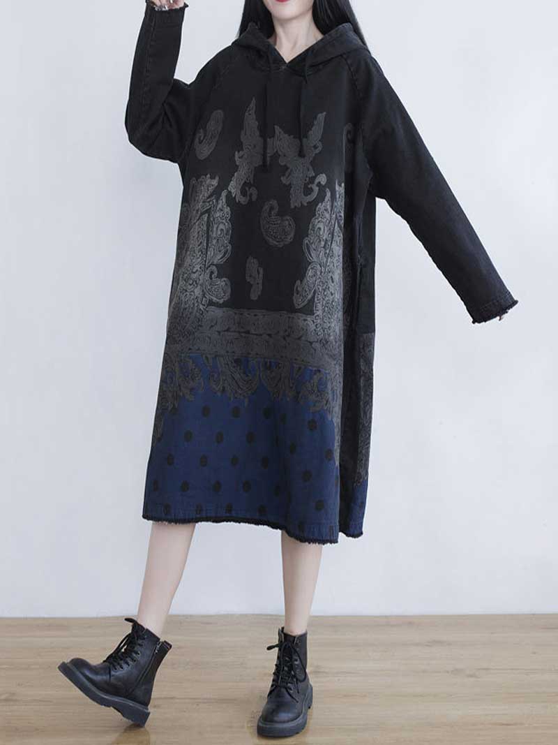 Hooded Long Sleeve Paisley Print Polka Dot Panel Midi Dress