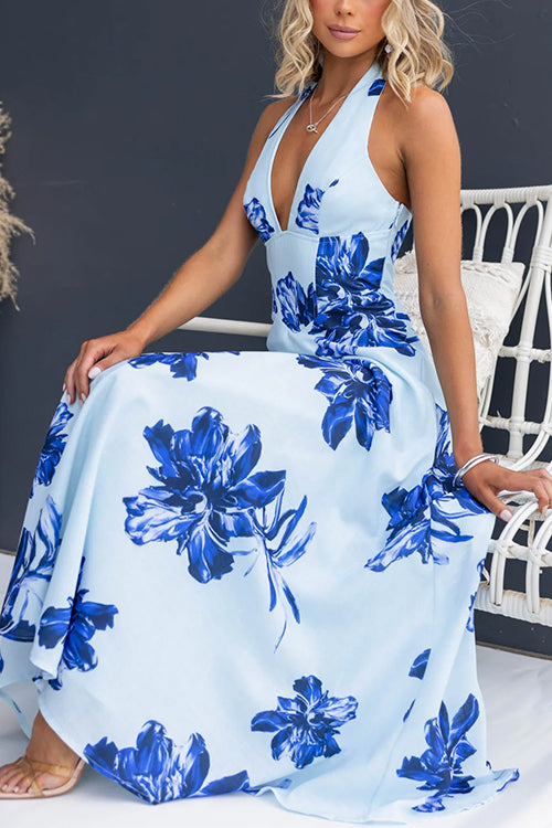 Halter V Neck Back Lace-up Waisted Floral Print Maxi Dress