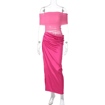 Off Shoulder Horizontal Ruched Mesh Waist Panel High Slit Satin Maxi Gown