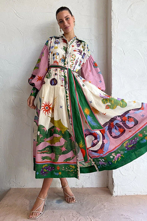 Boho Print Long Sleeve Tiered Maxi Dress