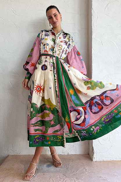 Boho Print Long Sleeve Tiered Maxi Dress