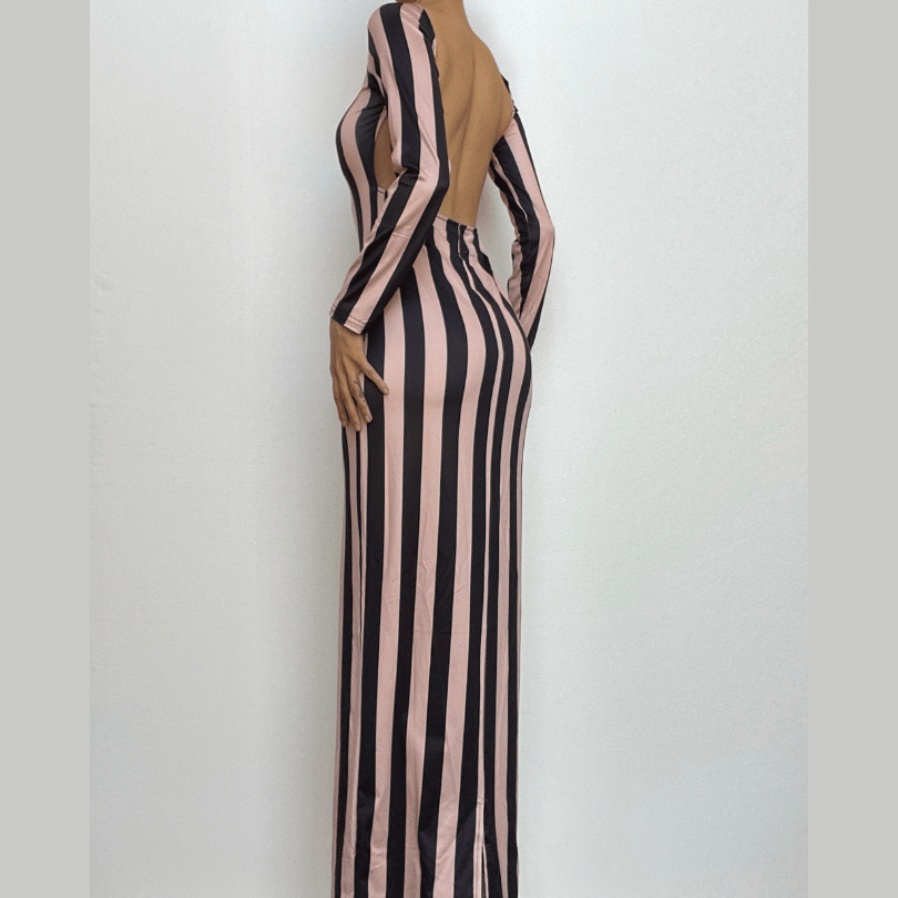 Vertical Stripe Long Sleeve Open Back Bodycon Maxi Dress