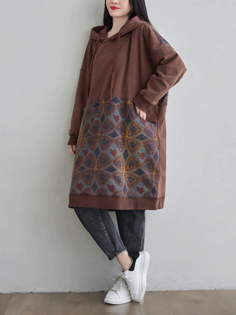Hooded Kangaroo Pocket Geometric Print Oversized Mini Sweatshirt Dress