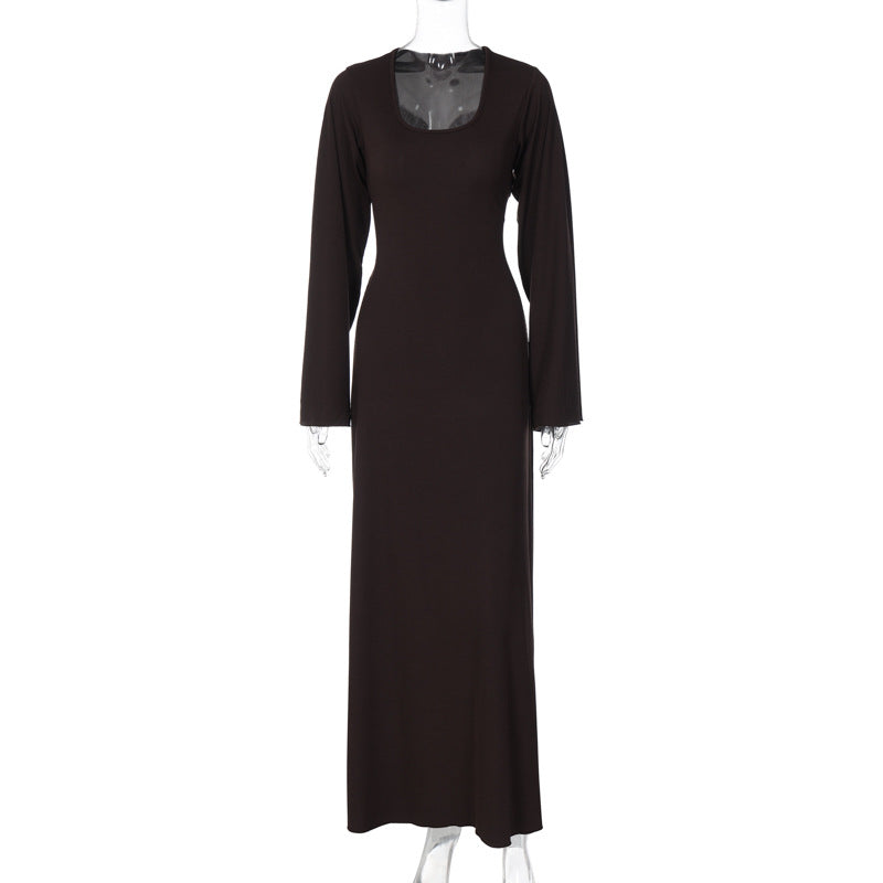 Scoop Neck Long Sleeve Bell Cuff Rib Knit Maxi Dress