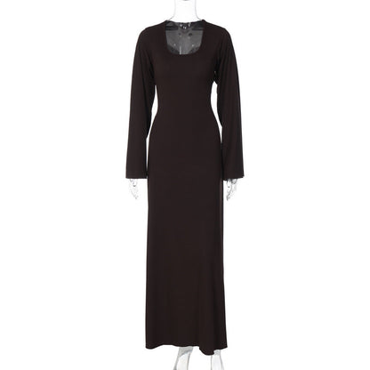 Scoop Neck Long Sleeve Bell Cuff Rib Knit Maxi Dress