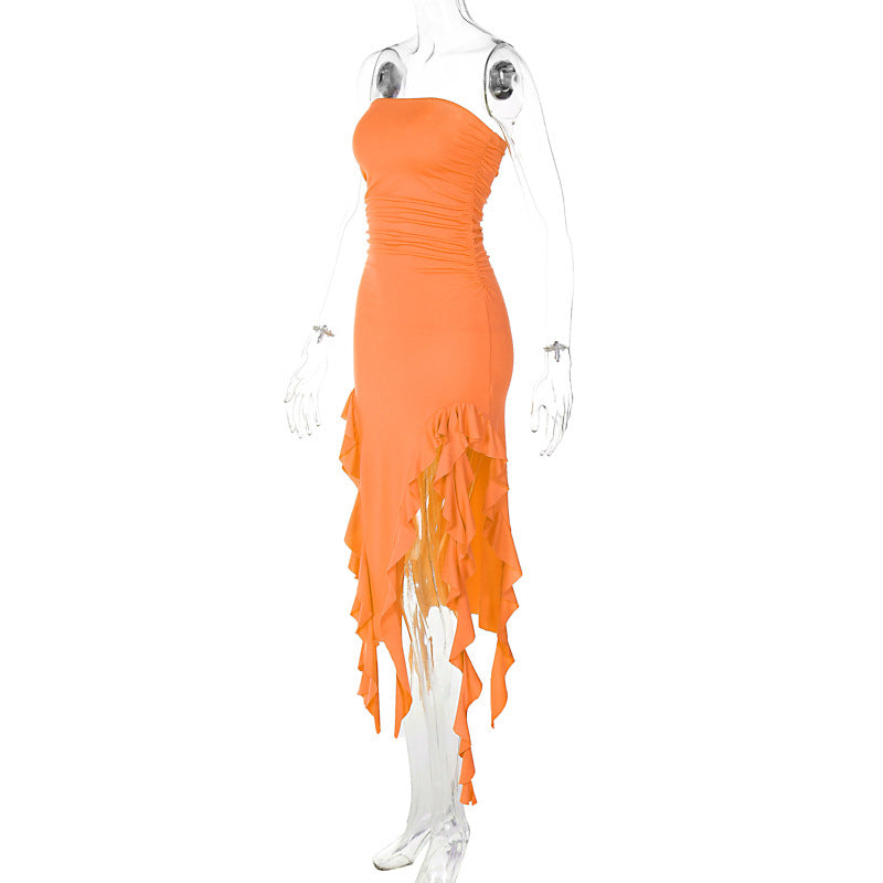 Strapless Ruched Double High Slit Ruffle Trim Pooling Hem Midi Dress