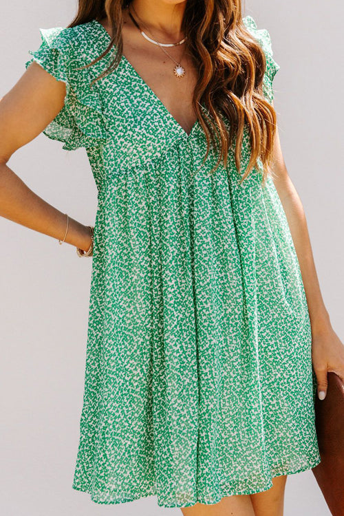 Deep V Neck Ditsy Floral Flutter Sleeve Empire Waist Mini Dress