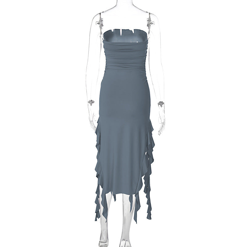 Strapless Ruched Tube Double Slit Ruffle Cascade Maxi Dress
