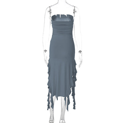 Strapless Ruched Tube Double Slit Ruffle Cascade Maxi Dress
