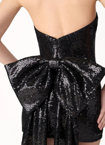 Strapless Sequin Sweetheart Bodice Train Panel Mini Dress