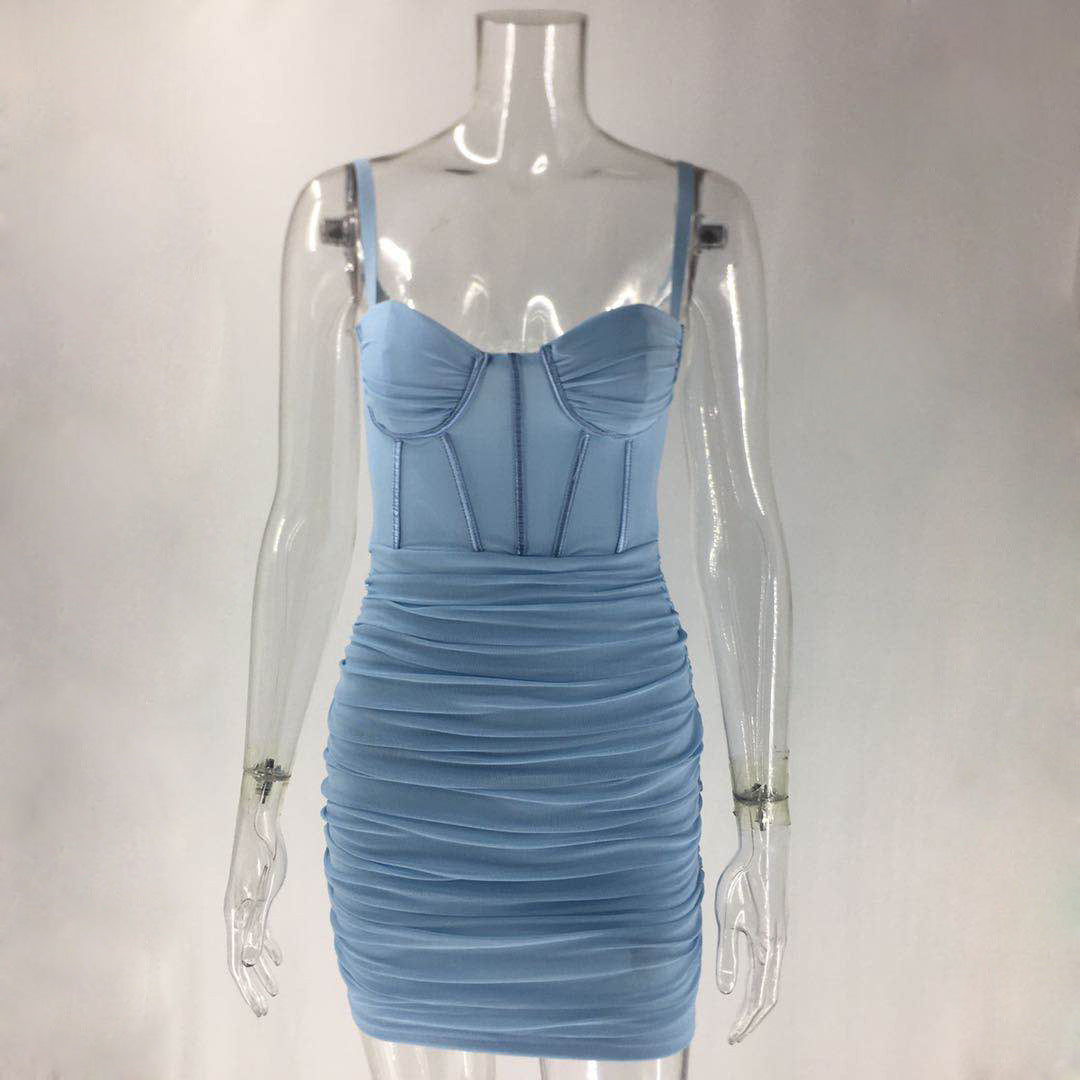 Sweetheart Neck Corset Boning Mesh Ruched Spaghetti Strap Mini Dress