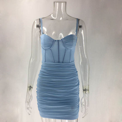 Sweetheart Neck Corset Boning Mesh Ruched Spaghetti Strap Mini Dress