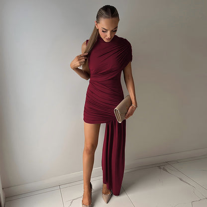 Mock Neck Asymmetric Drape Ruched Mini Dress