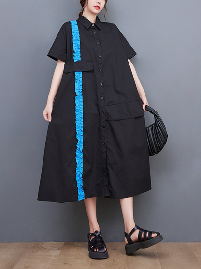 Collared Button Front Ruffle Trim Pocket Shirt Midi Dress