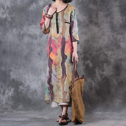 Scoop Neck Colorblock Patchwork Oversized Linen Midi Dress
