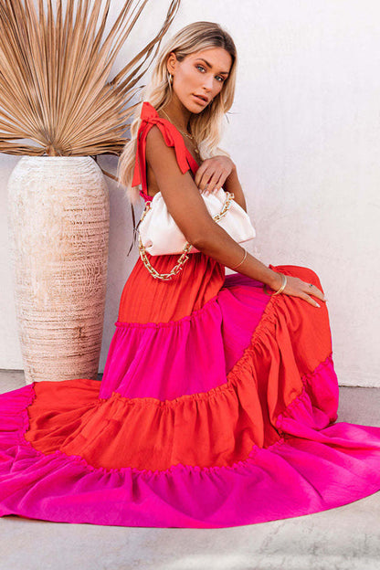 Smocked Square Neck Shoulder Tie Bow Tiered Ruffle Maxi Dress