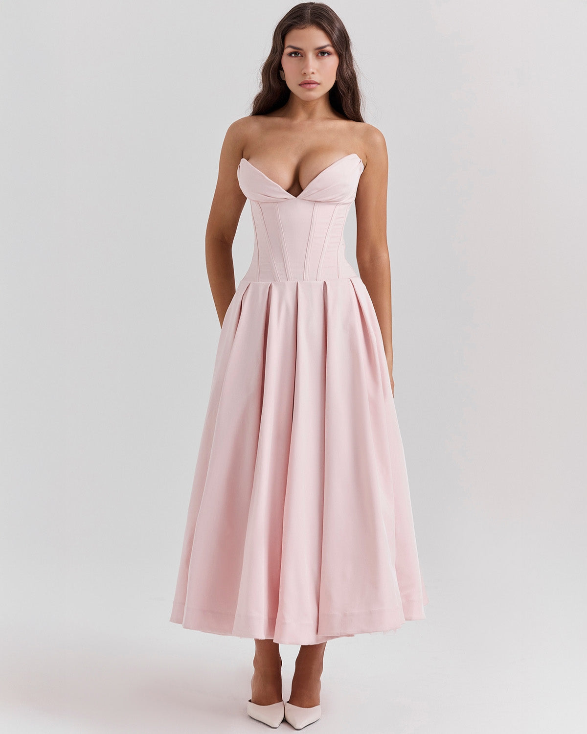 Strapless Corset Sweetheart Neckline Box Pleat A-Line Midi Dress