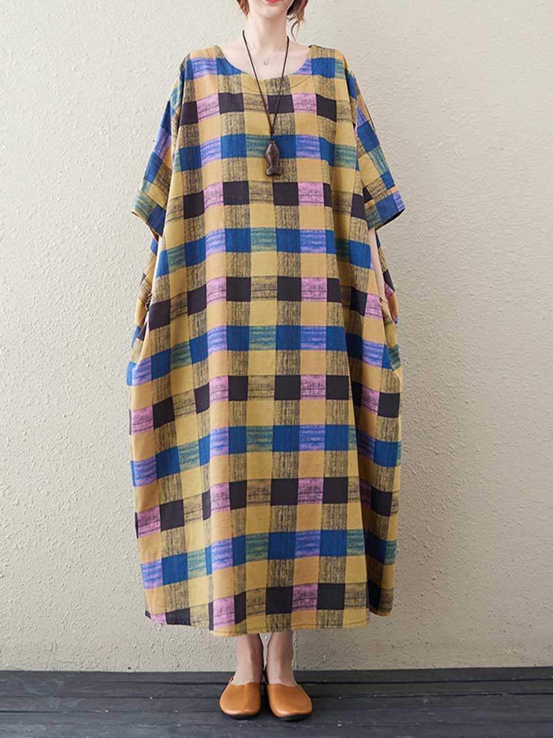 Plaid Bat Sleeve Midi Dress