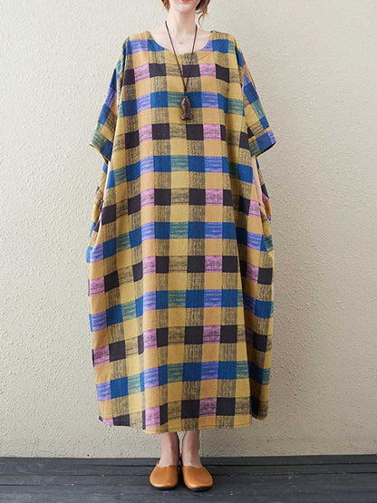 Plaid Bat Sleeve Midi Dress