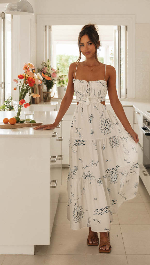 Spaghetti Strap Smocked Ruffle Neck Graphic Print Side Cutout Tiered Maxi Dress