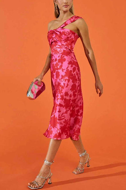 Twist Front High Waist Floral Print Midi Dress