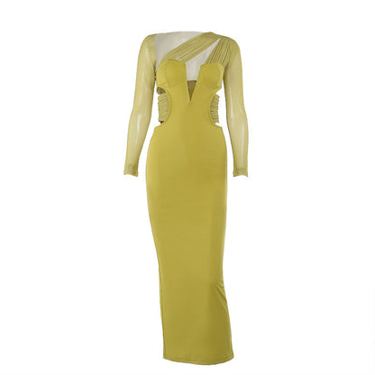 Long Sleeve Deep V-Neck Asymmetrical Mesh Cutout Waist Column Maxi Dress
