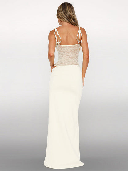 Spaghetti Strap Tie Shoulder Lace Waist Panel Column Maxi Dress