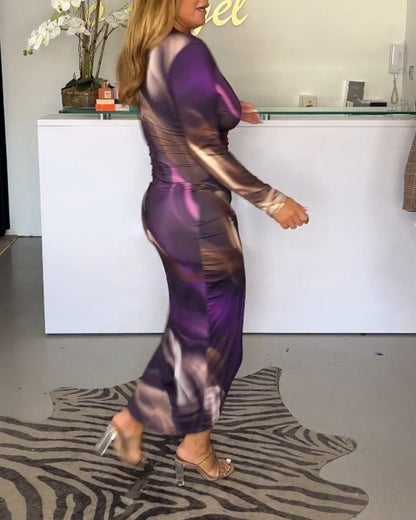 V Neck Abstract Marbled Draped Wrap Midi Dress