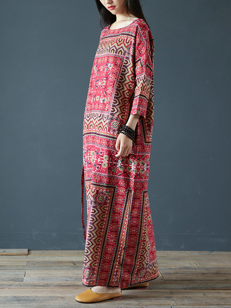 Boat Neck Three Quarter Sleeve Ethnic Geometric Print Tie Waist Maxi Dress