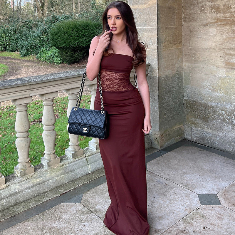 Spaghetti Strap Square Neck Lace Panel Maxi Dress