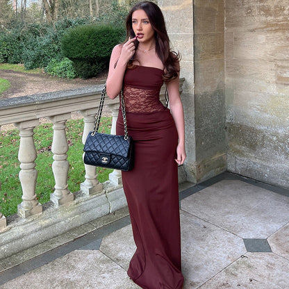 Spaghetti Strap Square Neck Lace Panel Maxi Dress