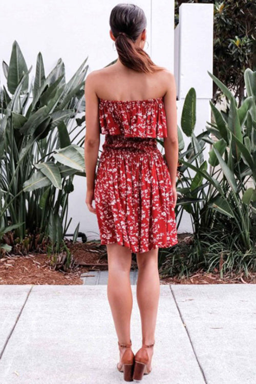 Strapless Ruffle Bodice Smocked Waist Ditsy Floral Mini Dress