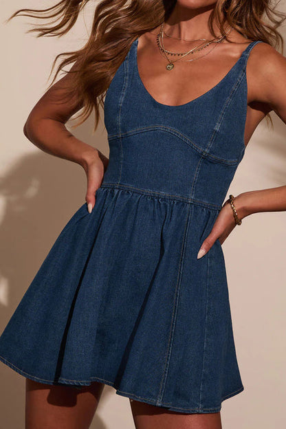 Spaghetti Strap Paneled Fit Flare Denim Mini Dress